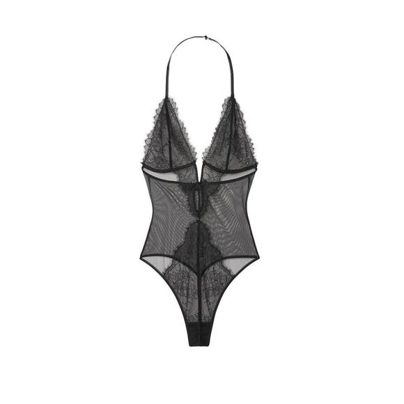 Victoria's Secret Black L Lace Plunge Teddy Floral Underwired V-Wire Halter Neck - Picture 1 of 9